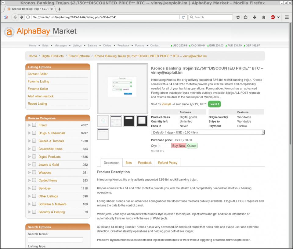 Screenshot appears to be the AlphaBay sale of Kronos listed in the government indictment.